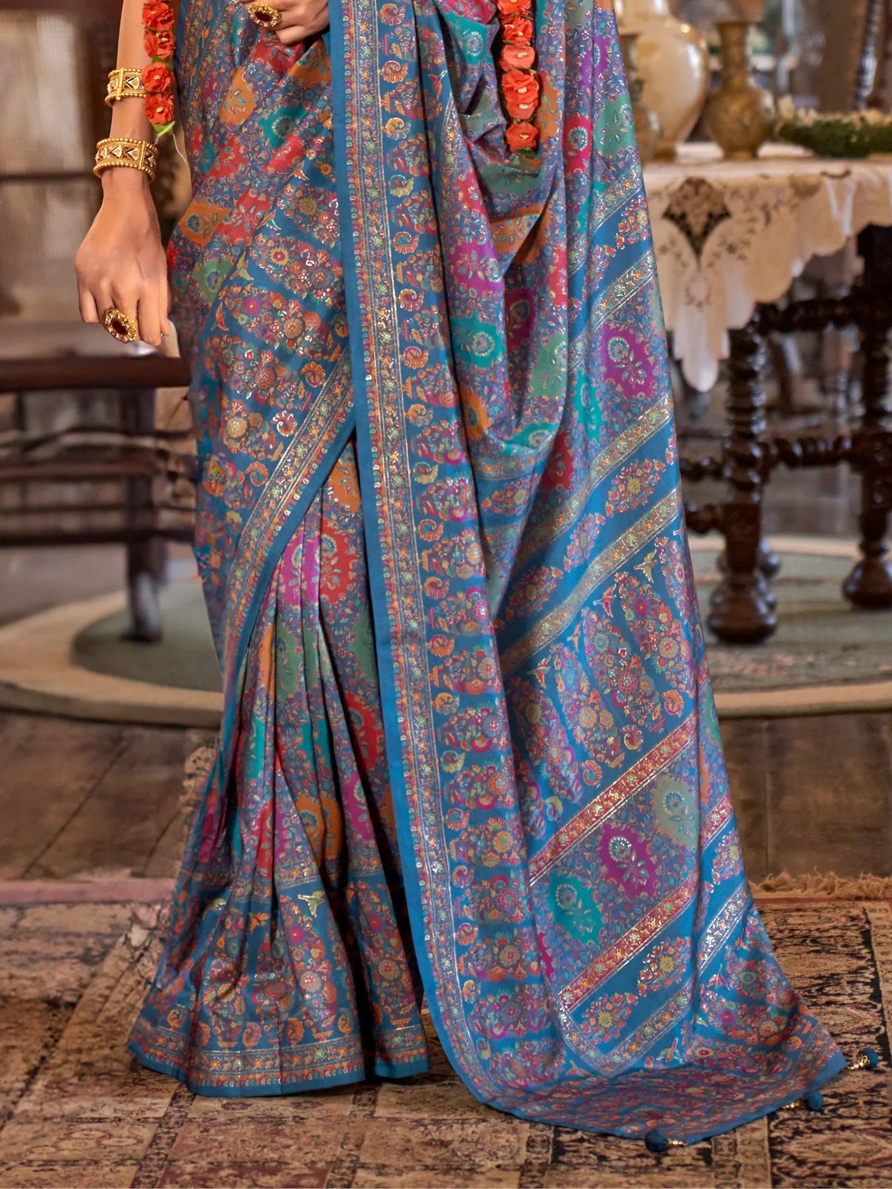Beautiful Blue Foil Printed Silk Evening Wear Saree With Blouse - Zeel Clothing