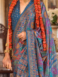 Beautiful Blue Foil Printed Silk Evening Wear Saree With Blouse - Zeel Clothing