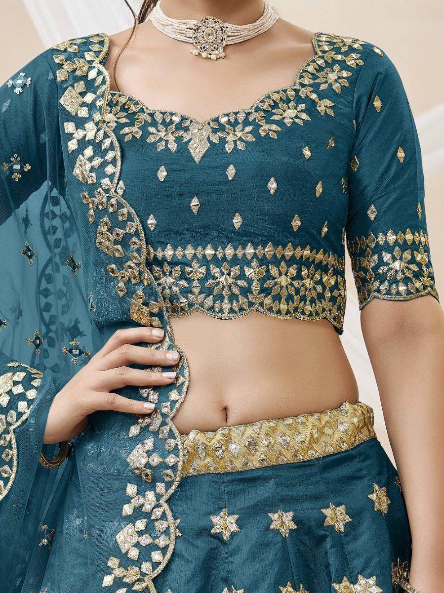 Beautiful Blue Mirror Work Art Silk Wedding Wear Lehenga Choli - Zeel Clothing