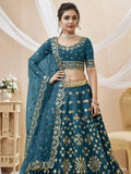 Beautiful Blue Mirror Work Art Silk Wedding Wear Lehenga Choli - Zeel Clothing