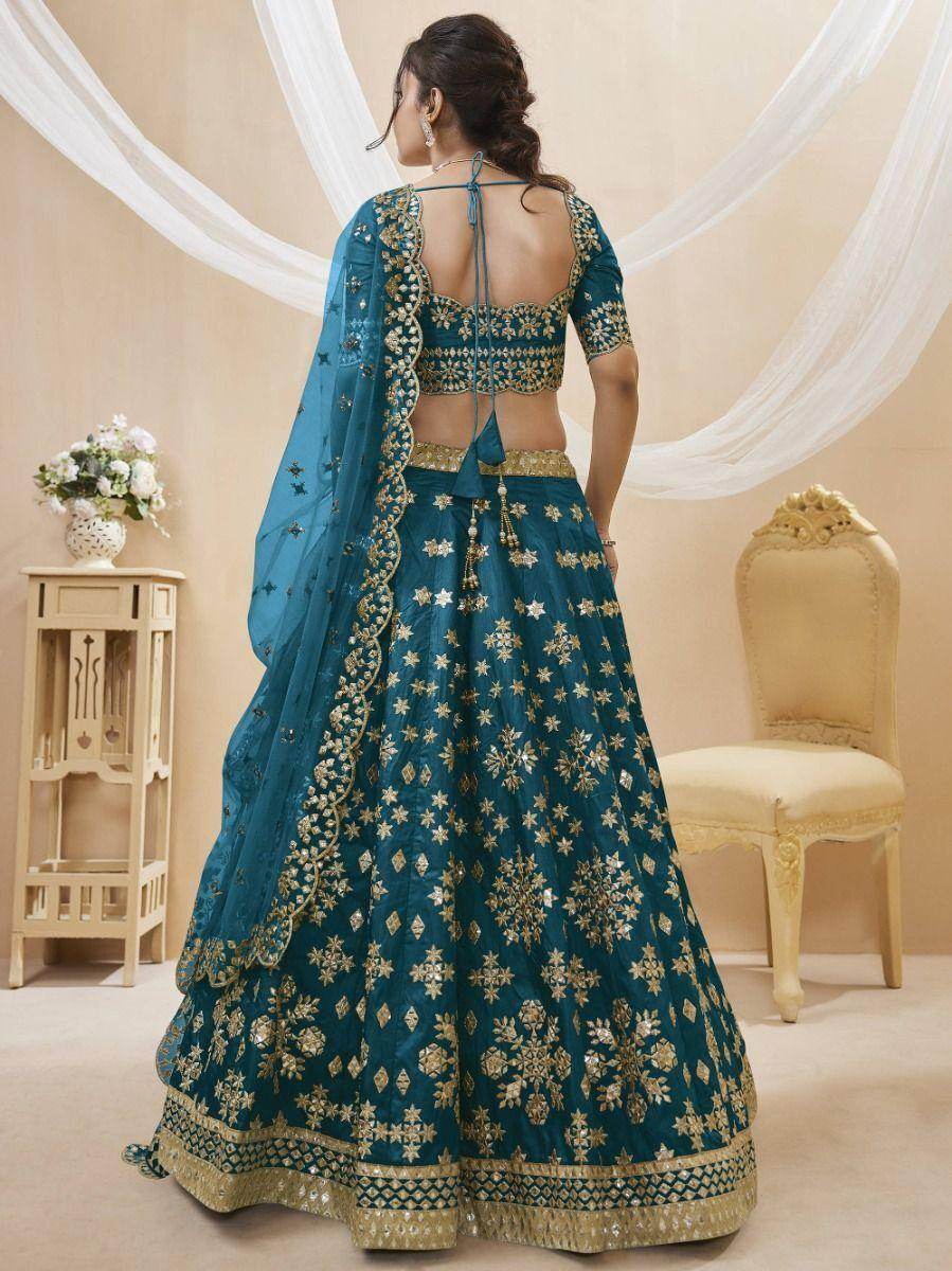 Beautiful Blue Mirror Work Art Silk Wedding Wear Lehenga Choli - Zeel Clothing