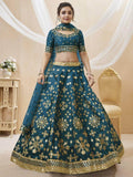 Beautiful Blue Mirror Work Art Silk Wedding Wear Lehenga Choli - Zeel Clothing