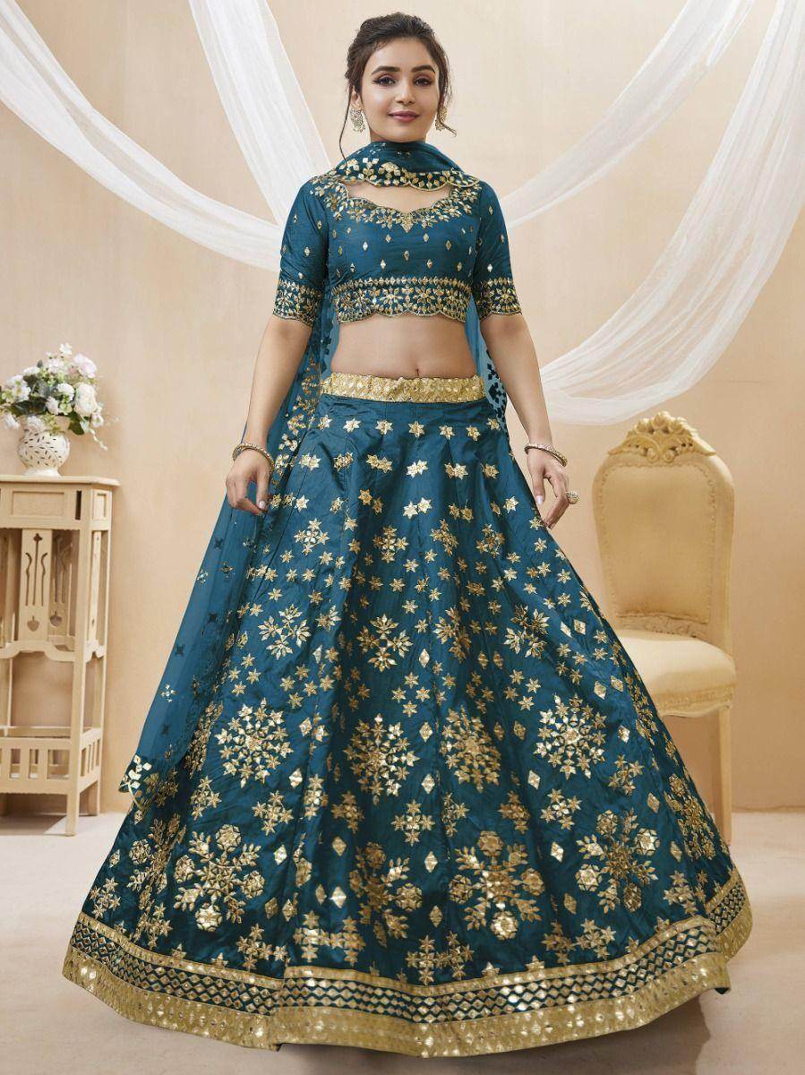 Beautiful Blue Mirror Work Art Silk Wedding Wear Lehenga Choli - Zeel Clothing
