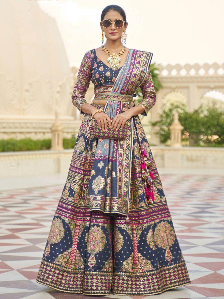 Beautiful Blue Mirror Work Rajwadi Silk Traditional Lehenga Choli - Zeel Clothing