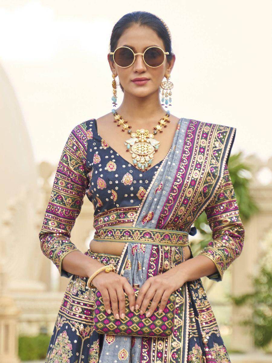 Beautiful Blue Mirror Work Rajwadi Silk Traditional Lehenga Choli - Zeel Clothing