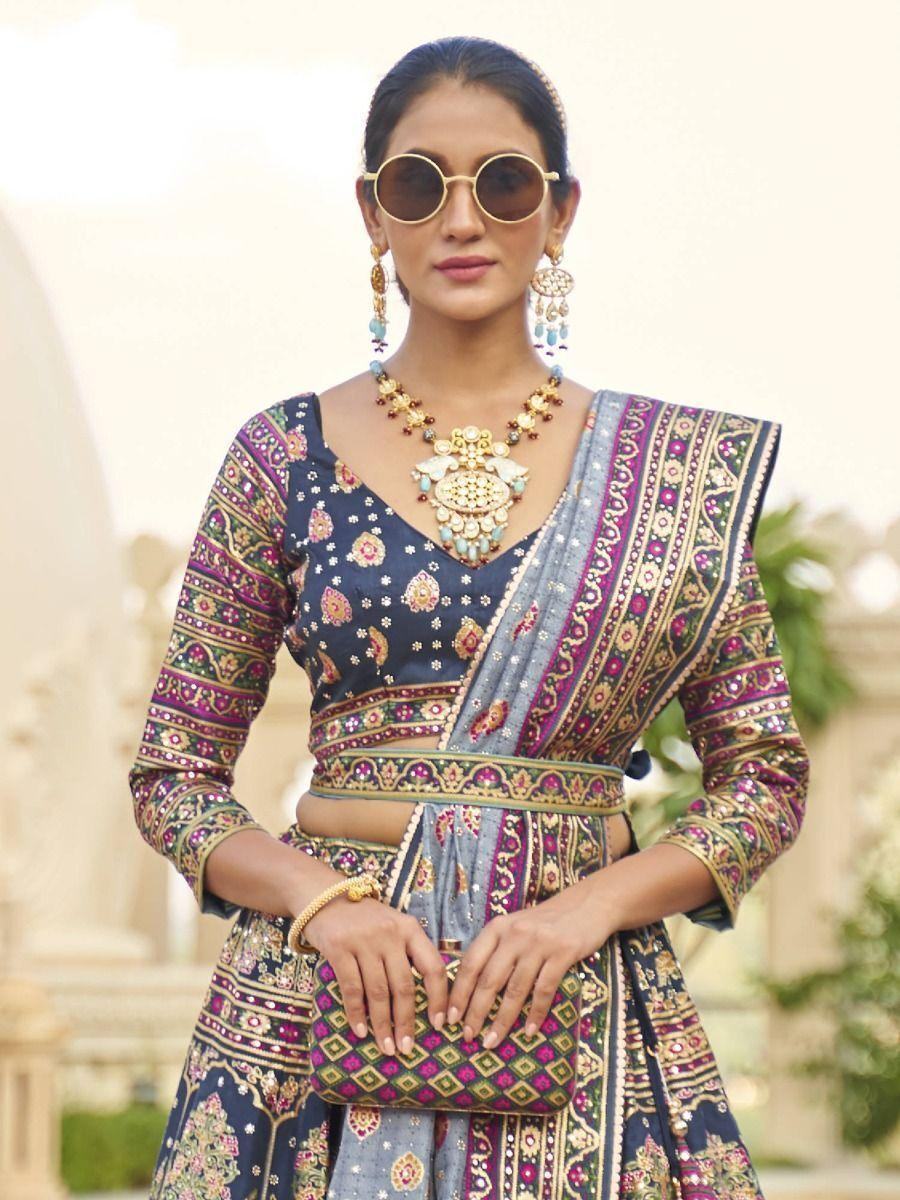 Beautiful Blue Mirror Work Rajwadi Silk Traditional Lehenga Choli