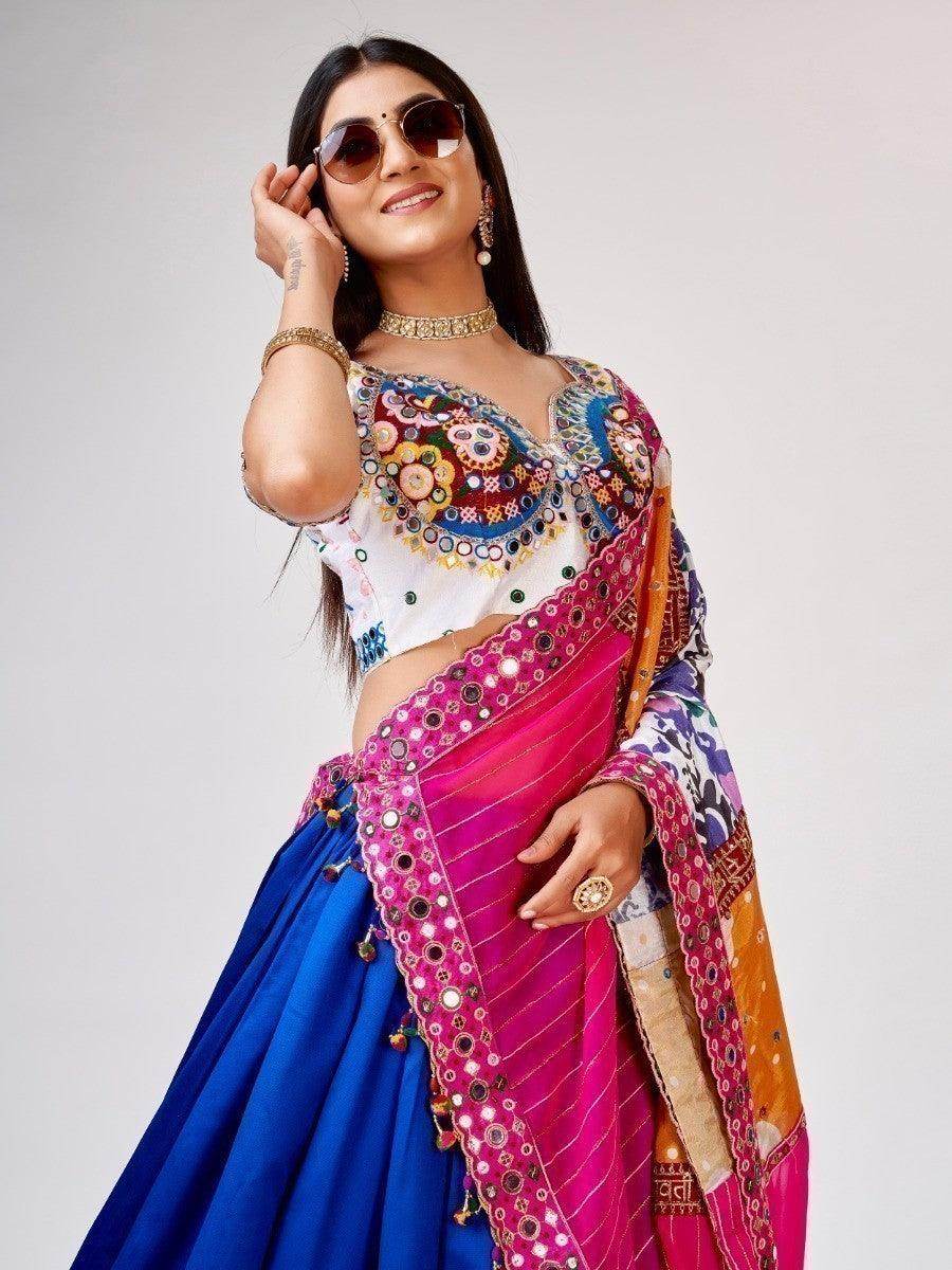 Beautiful Blue Mirror Work Silk Navratri Wear Lehenga Choli With Dupatta - Zeel Clothing