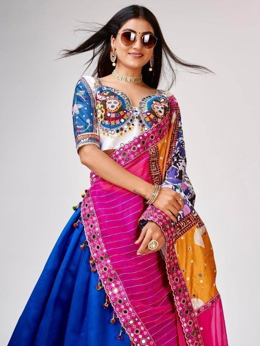 Beautiful Blue Mirror Work Silk Navratri Wear Lehenga Choli With Dupatta - Zeel Clothing