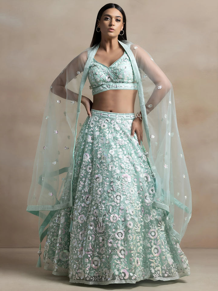 Beautiful Blue Sequins Net Engagement Wear Lehenga Choli With Dupatta