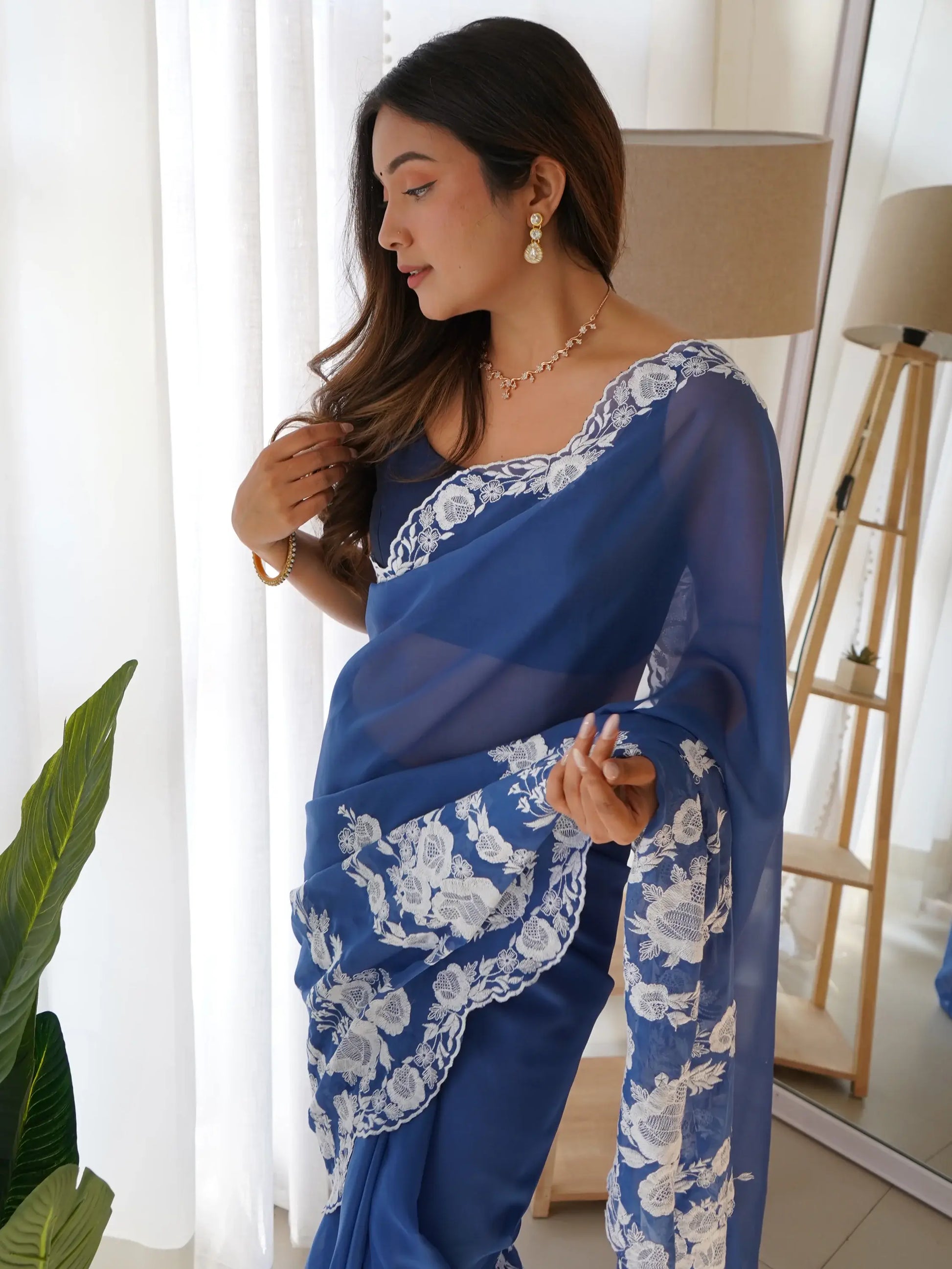 Beautiful Blue Thread Embroidered Organza Lucknowi Saree With Blouse - Zeel Clothing