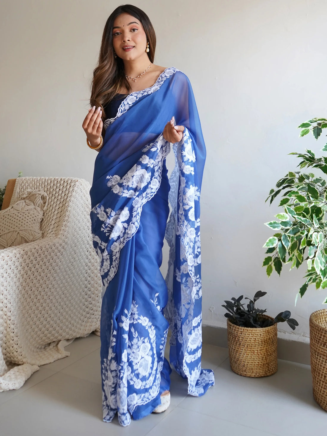 Beautiful Blue Thread Embroidered Organza Lucknowi Saree With Blouse - Zeel Clothing