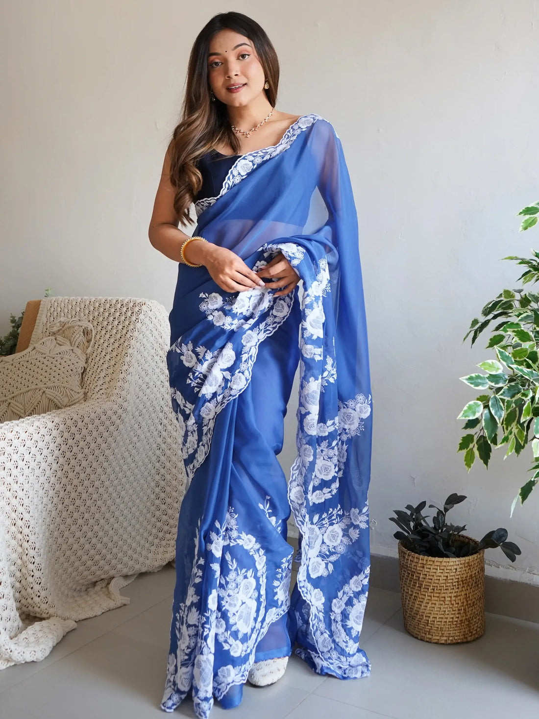 Beautiful Blue Thread Embroidered Organza Lucknowi Saree With Blouse - Zeel Clothing