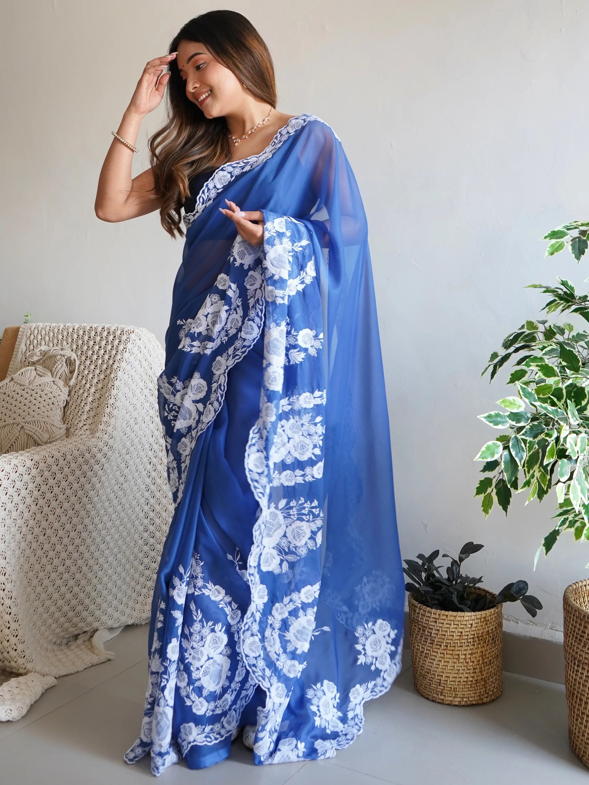 Beautiful Blue Thread Embroidered Organza Lucknowi Saree With Blouse - Zeel Clothing