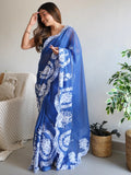 Beautiful Blue Thread Embroidered Organza Lucknowi Saree With Blouse - Zeel Clothing