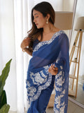 Beautiful Blue Thread Embroidered Organza Lucknowi Saree With Blouse - Zeel Clothing