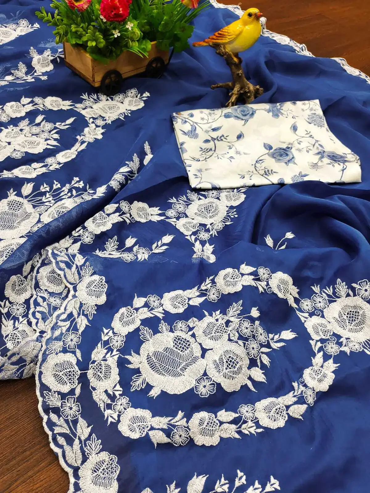 Beautiful Blue Thread Embroidered Organza Lucknowi Saree With Blouse - Zeel Clothing