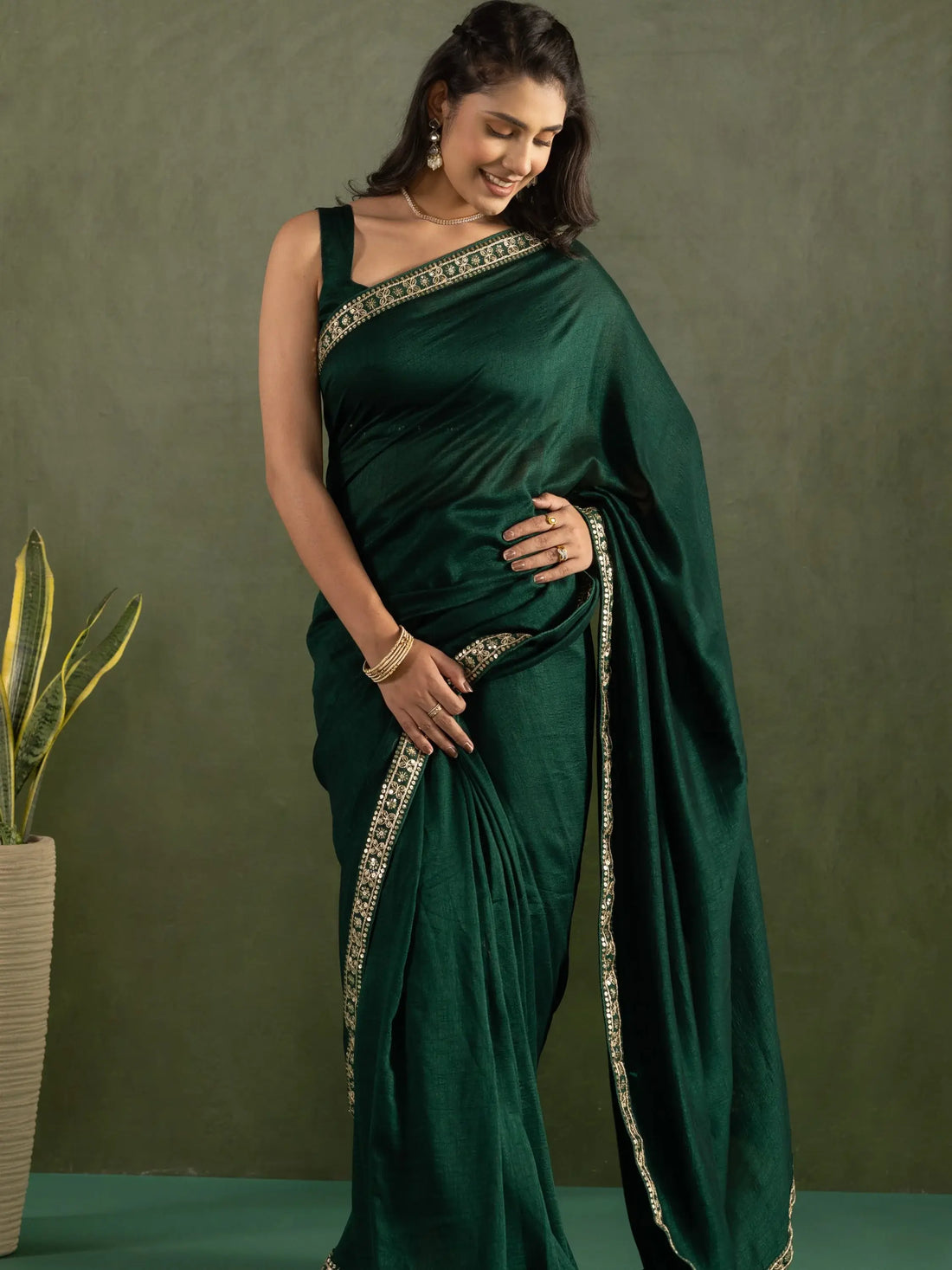 Beautiful Bottle Green Border Work Chiffon Ready To Wear Saree With Blouse - Zeel Clothing
