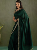 Beautiful Bottle Green Border Work Chiffon Ready To Wear Saree With Blouse - Zeel Clothing