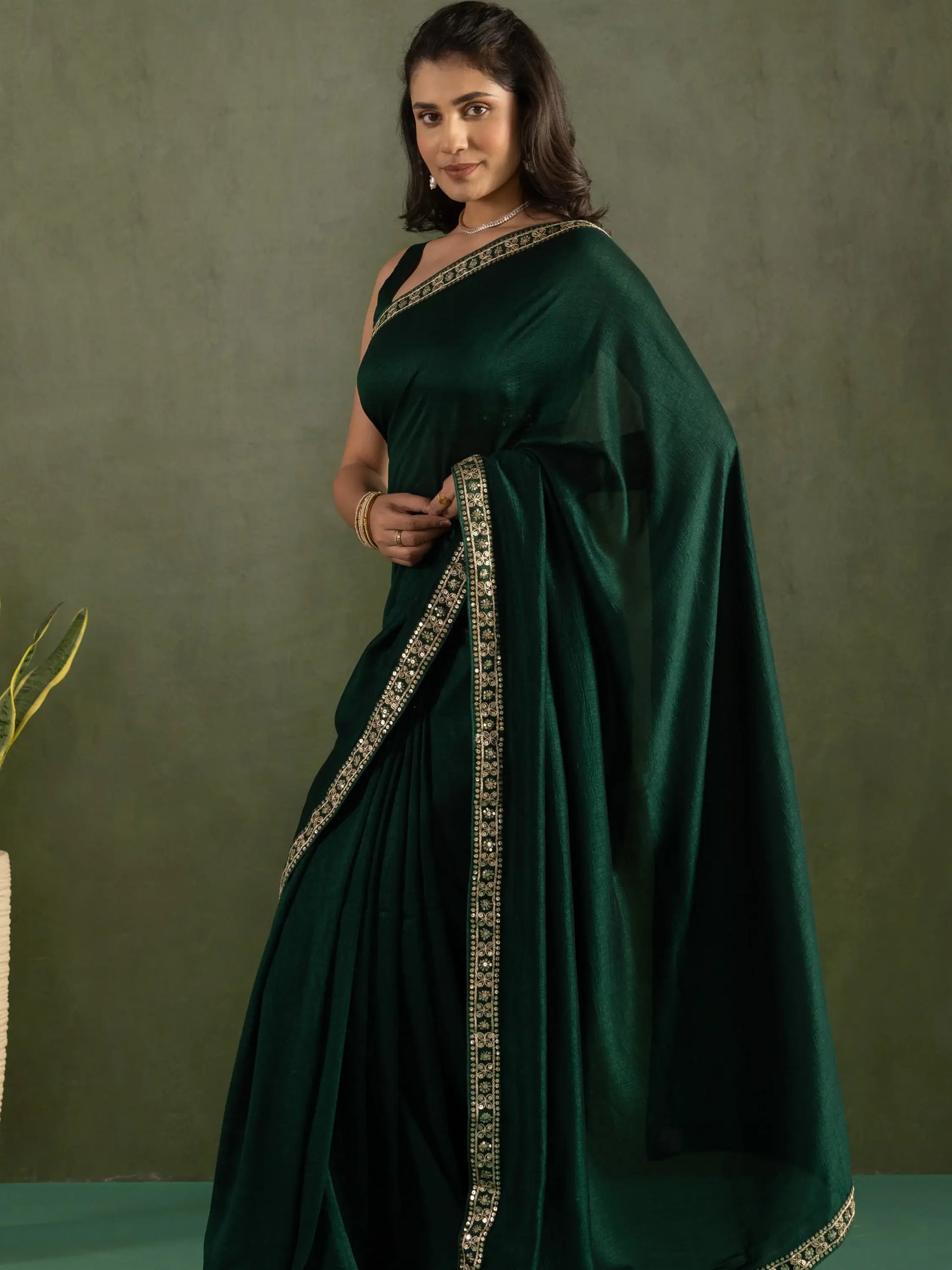 Beautiful Bottle Green Border Work Chiffon Ready To Wear Saree With Blouse - Zeel Clothing