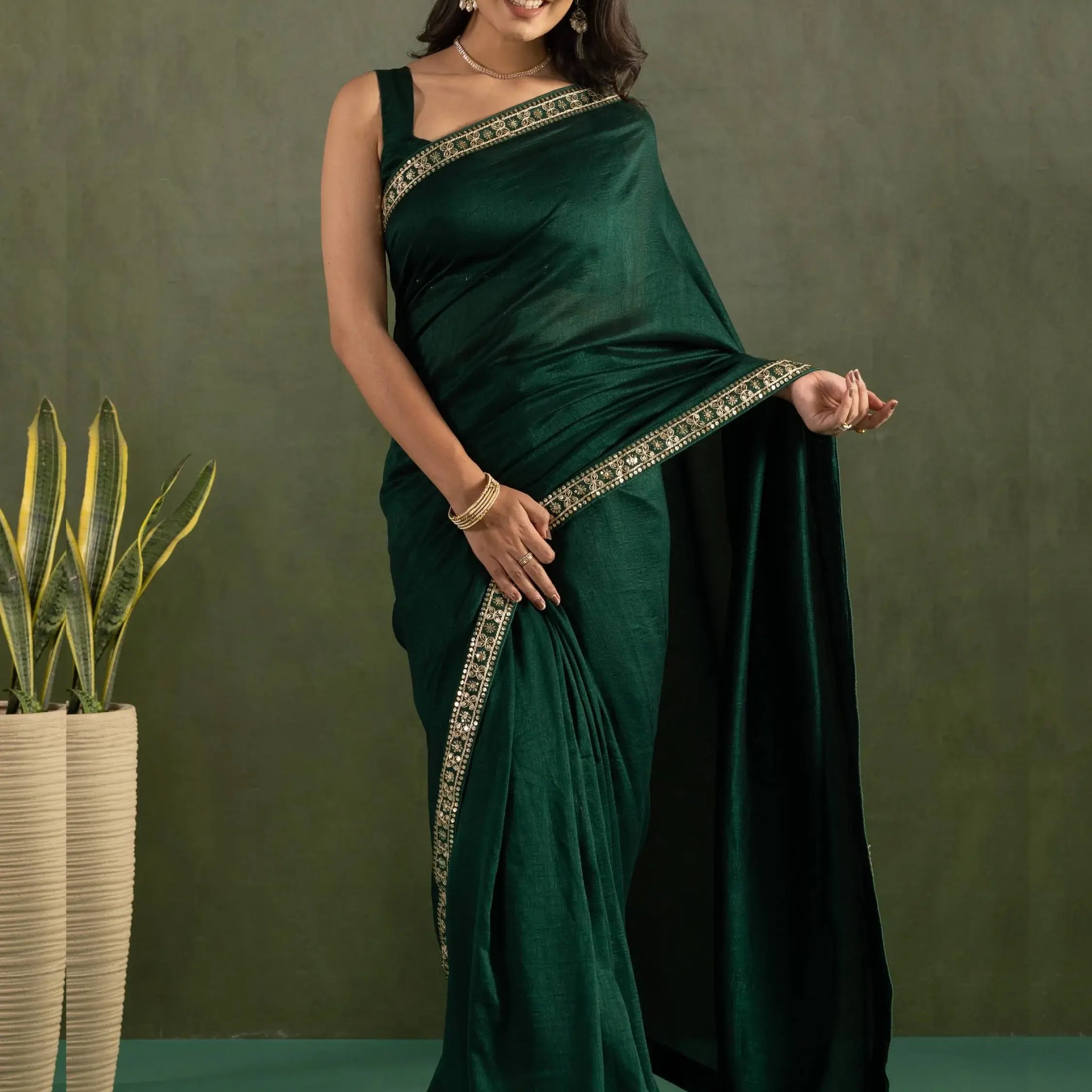 Beautiful Bottle Green Border Work Chiffon Ready To Wear Saree With Blouse - Zeel Clothing