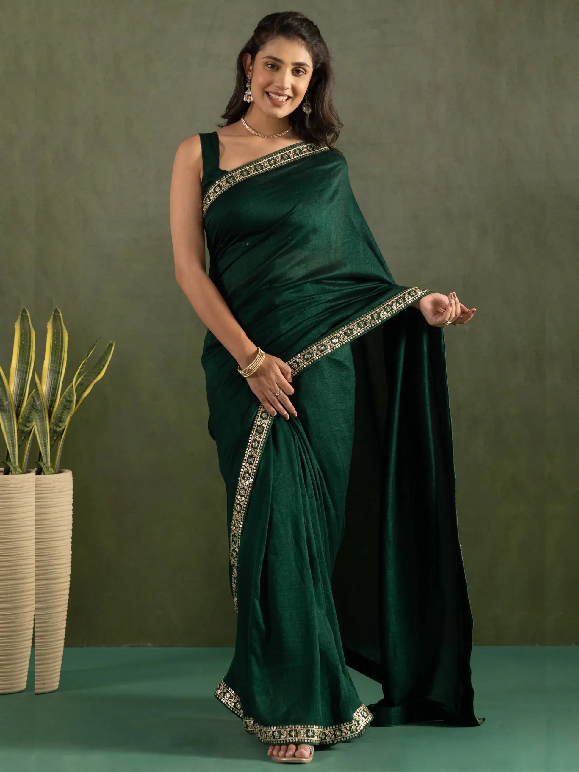 Beautiful Bottle Green Border Work Chiffon Ready To Wear Saree With Blouse - Zeel Clothing