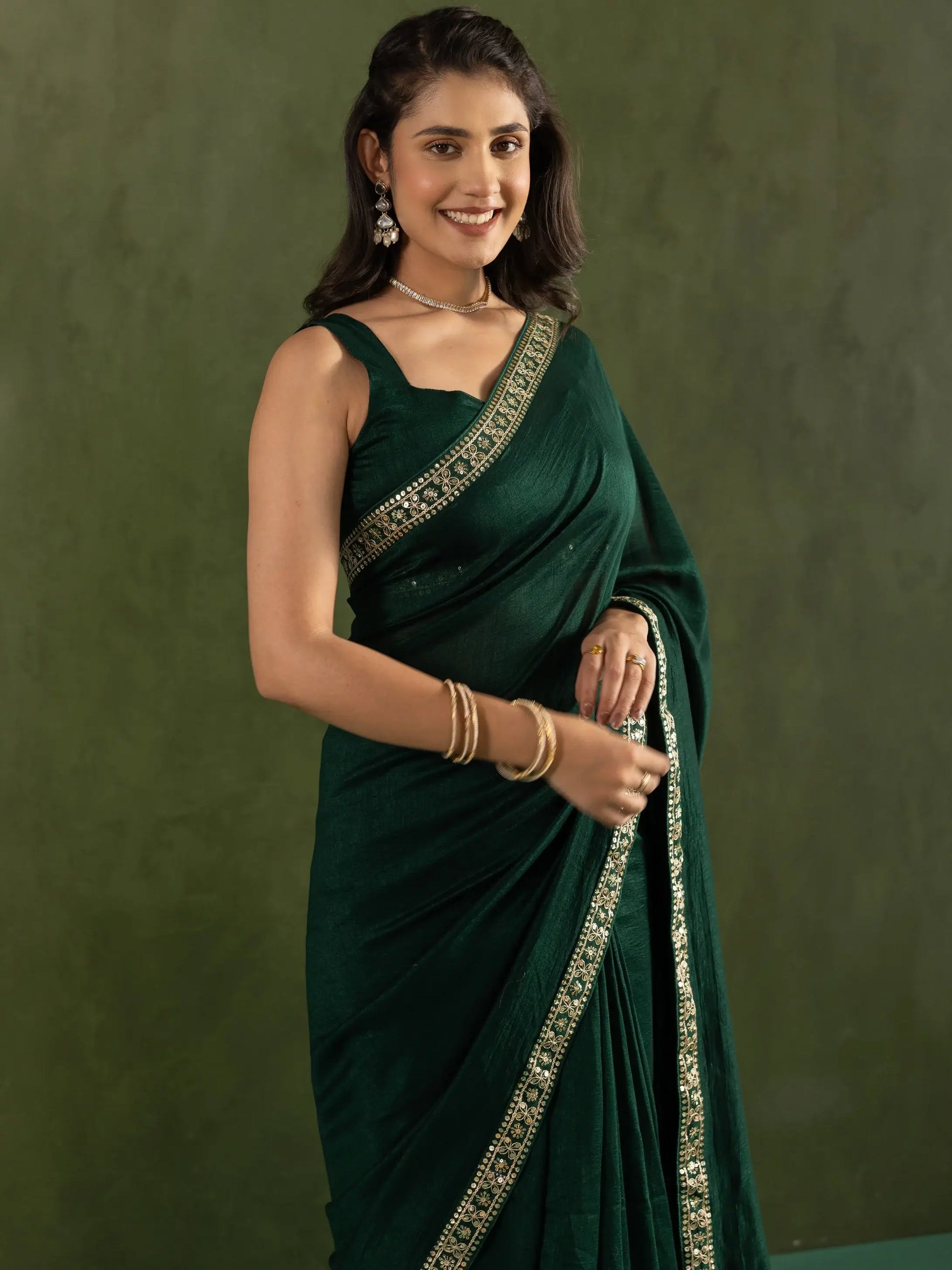 Beautiful Bottle Green Border Work Chiffon Ready To Wear Saree With Blouse - Zeel Clothing
