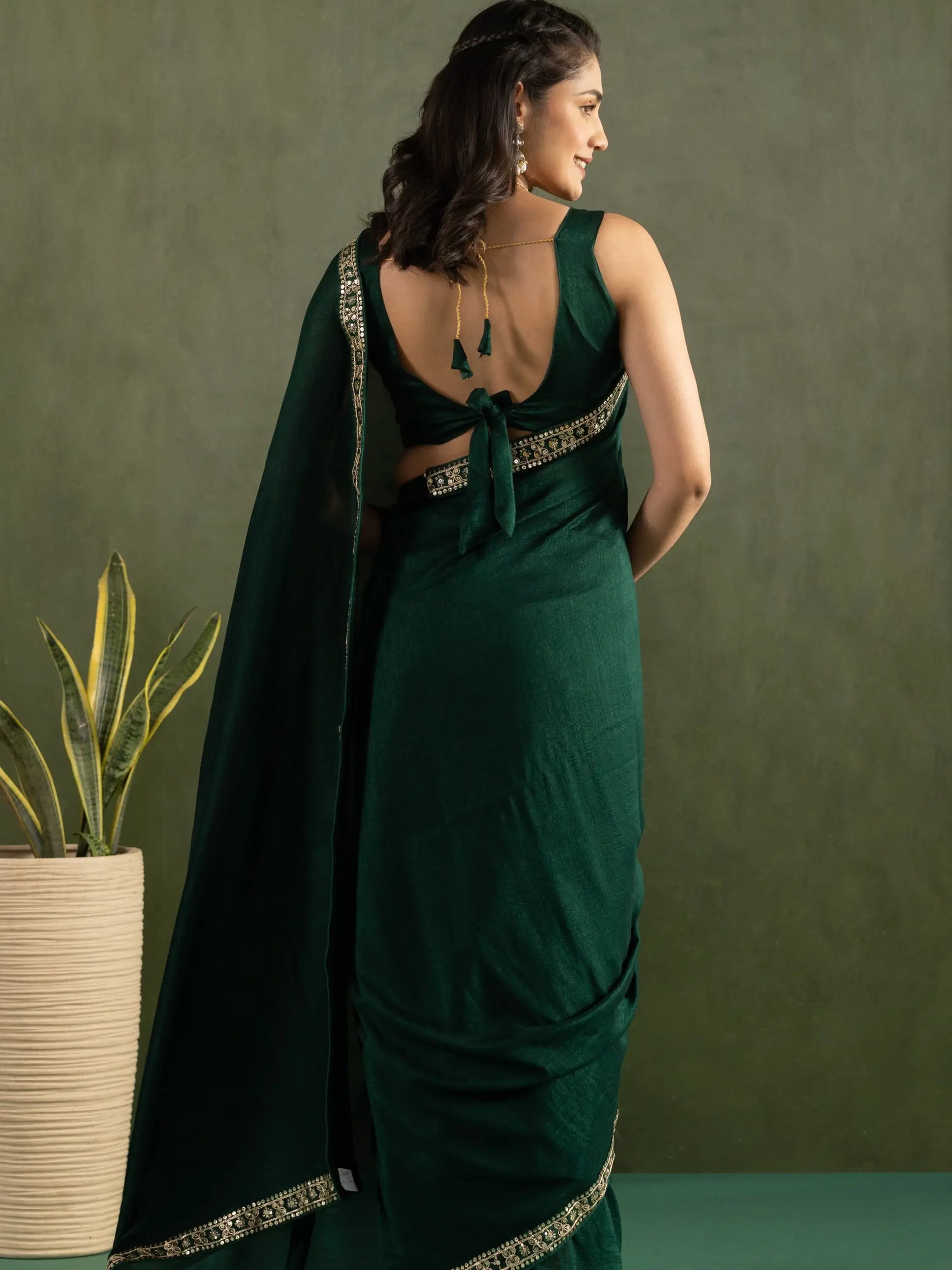 Beautiful Bottle Green Border Work Chiffon Ready To Wear Saree With Blouse - Zeel Clothing