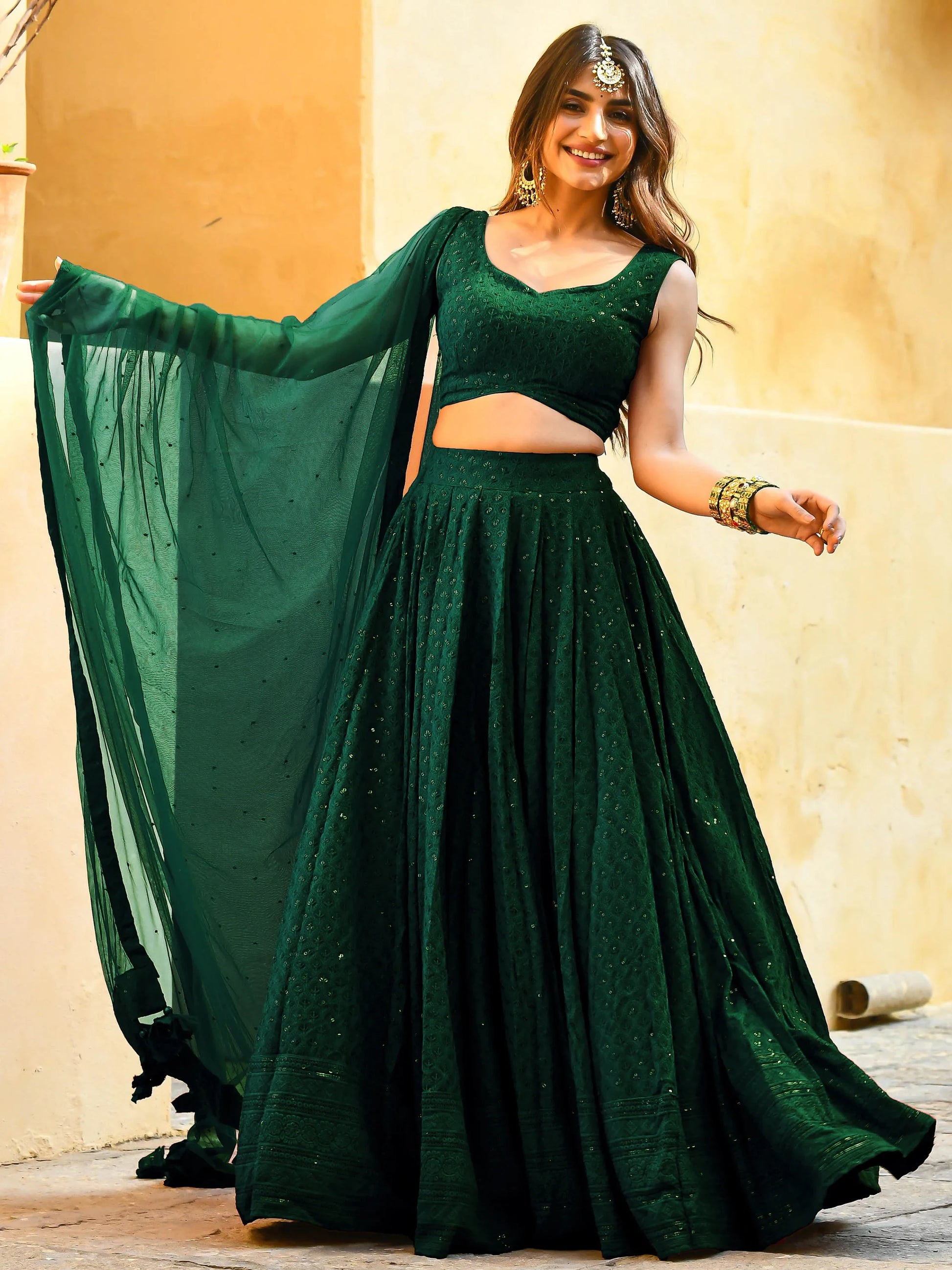 Beautiful Bottle Green Sequins Georgette Party Wear Lehenga Choli With dupatta - Zeel Clothing