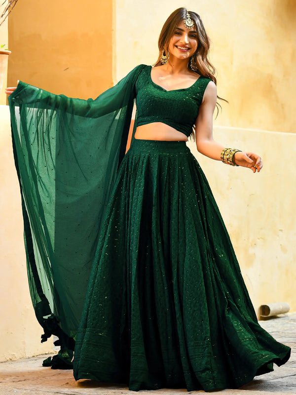 Beautiful Bottle Green Sequins Georgette Party Wear Lehenga Choli With dupatta - Zeel Clothing