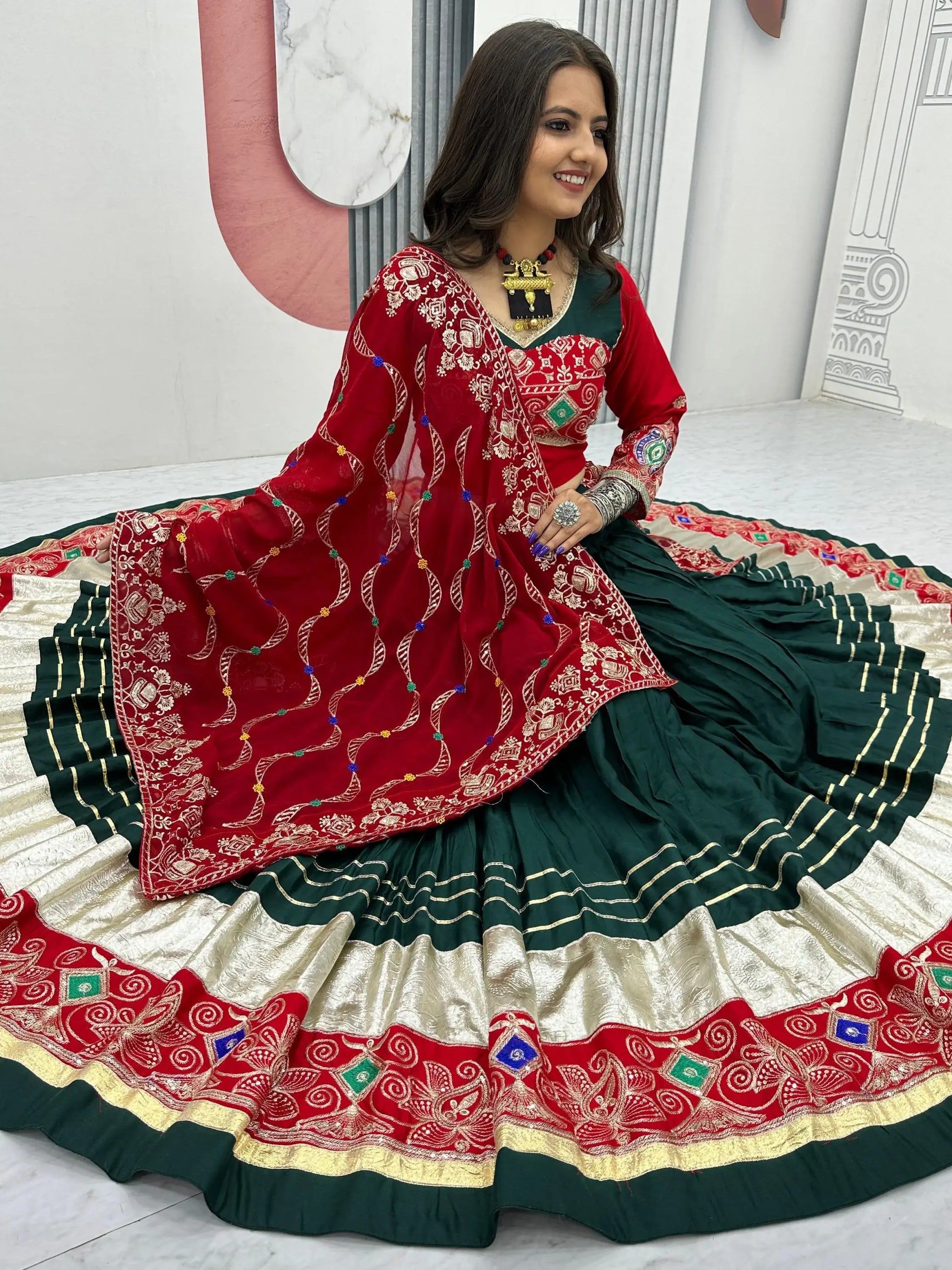 Beautiful Bottle Green Thread Work Cotton Navratri Special Lehenga With Blouse - Zeel Clothing