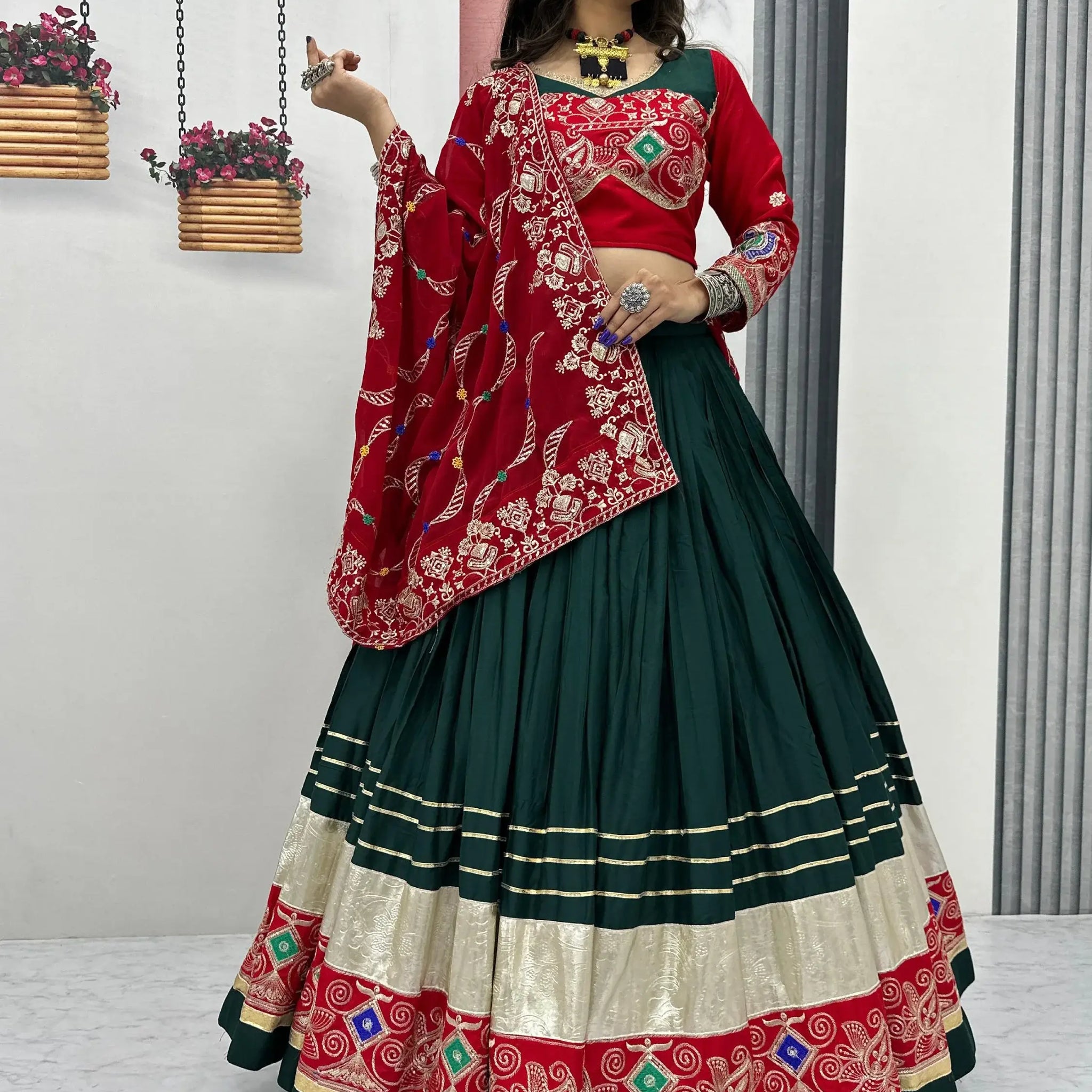 Beautiful Bottle Green Thread Work Cotton Navratri Special Lehenga With Blouse - Zeel Clothing