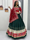 Beautiful Bottle Green Thread Work Cotton Navratri Special Lehenga With Blouse - Zeel Clothing