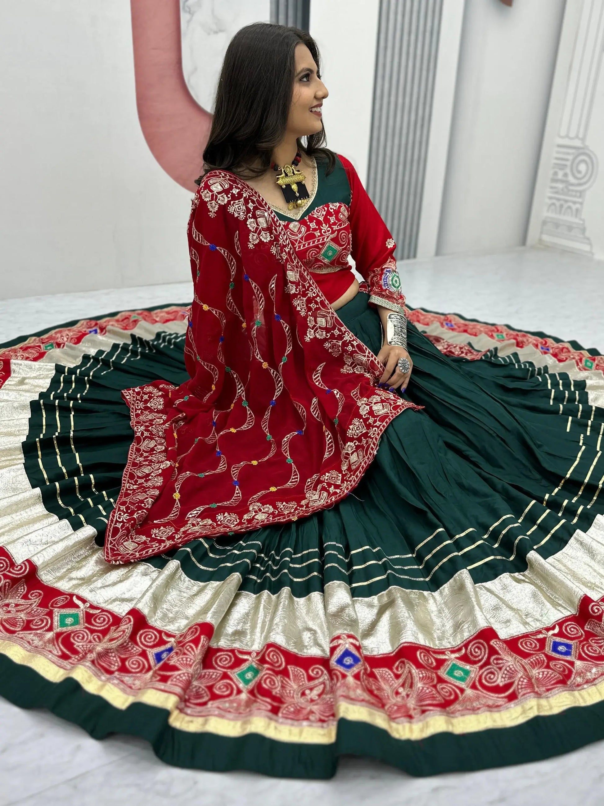 Beautiful Bottle Green Thread Work Cotton Navratri Special Lehenga With Blouse - Zeel Clothing
