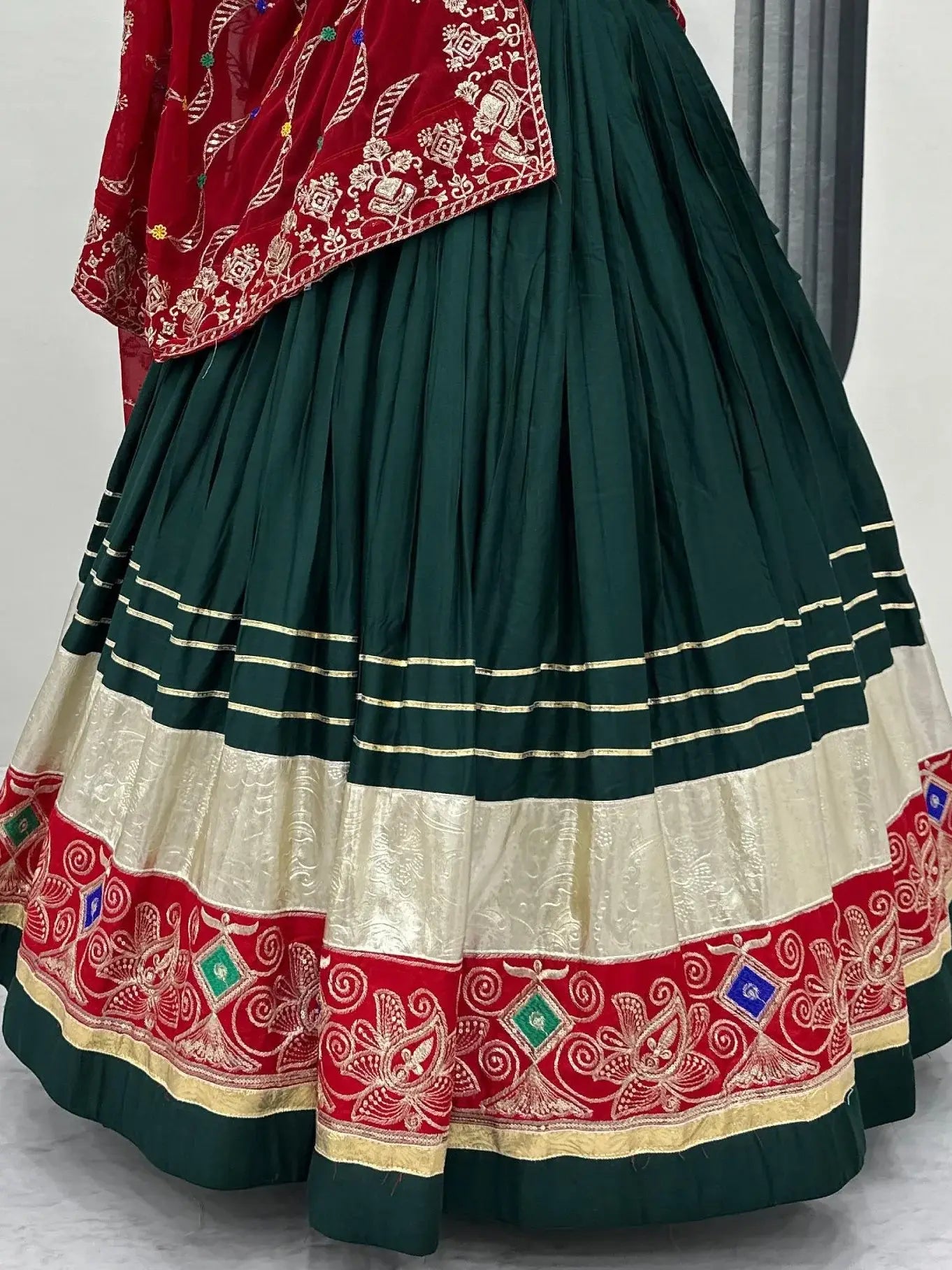 Beautiful Bottle Green Thread Work Cotton Navratri Special Lehenga With Blouse - Zeel Clothing