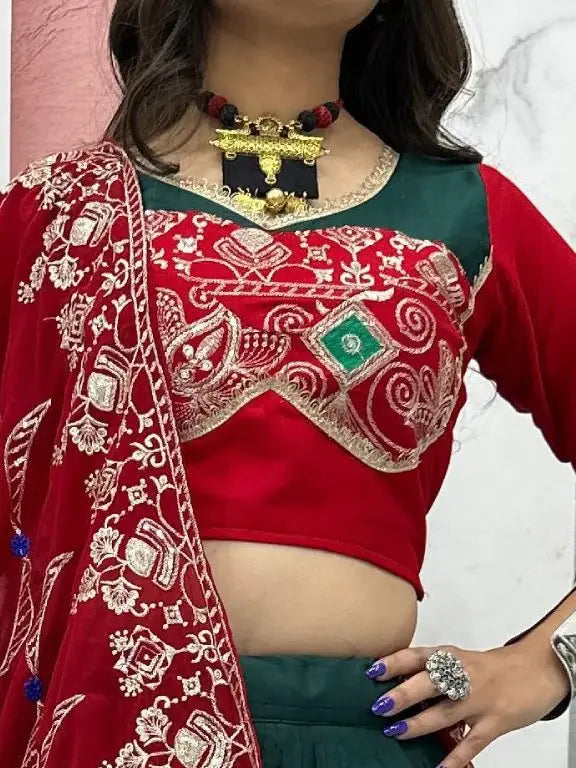Beautiful Bottle Green Thread Work Cotton Navratri Special Lehenga With Blouse - Zeel Clothing