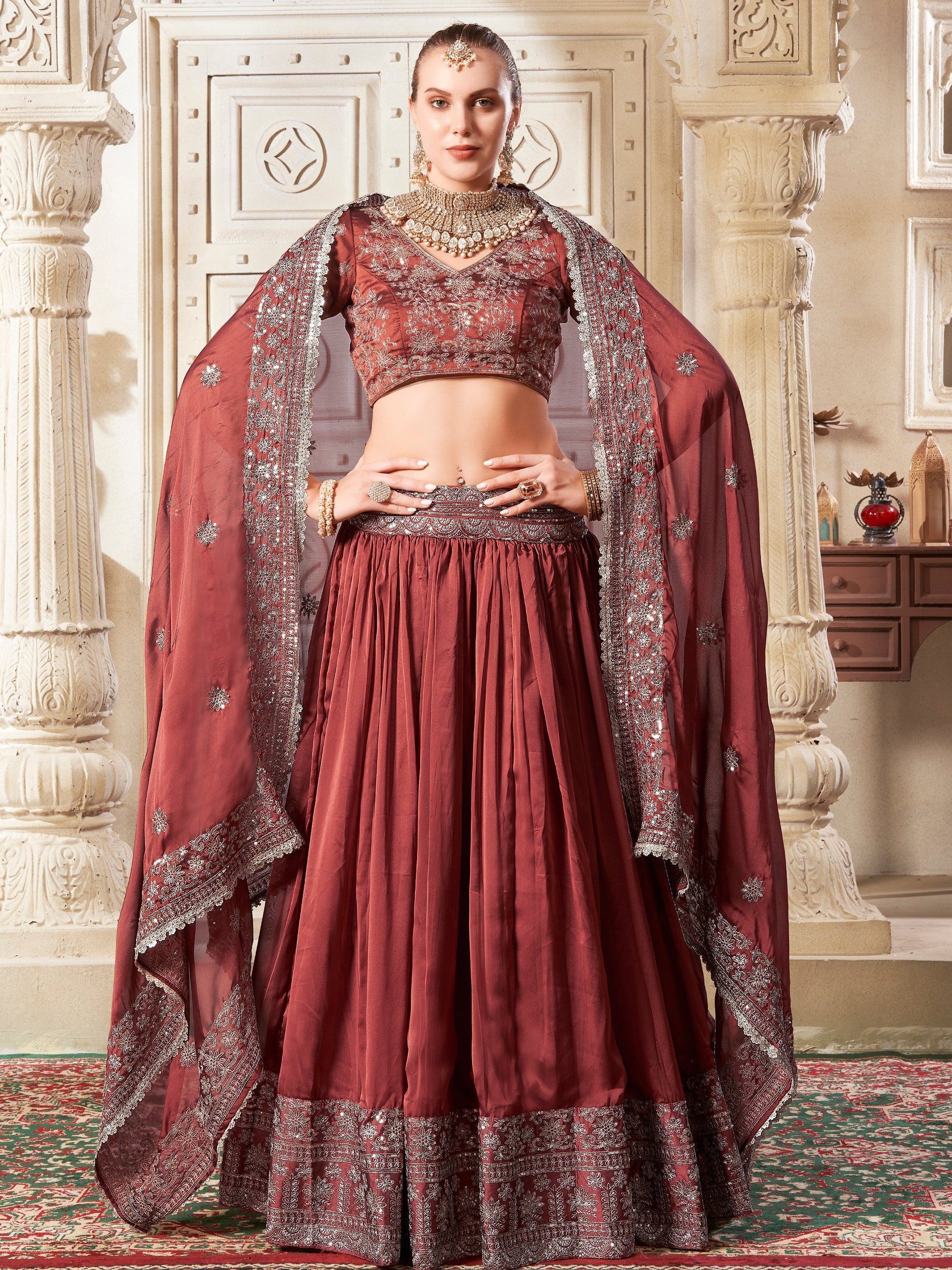Beautiful Brown Sequins Rangoli Silk Lehenga Choli With Dupatta - Zeel Clothing