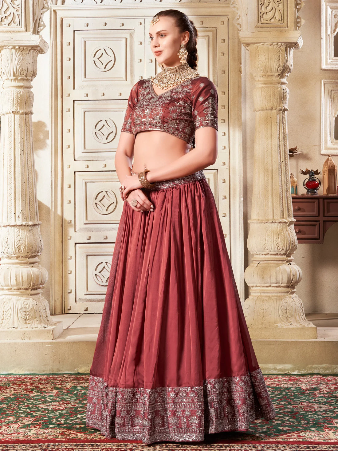 Beautiful Brown Sequins Rangoli Silk Lehenga Choli With Dupatta - Zeel Clothing