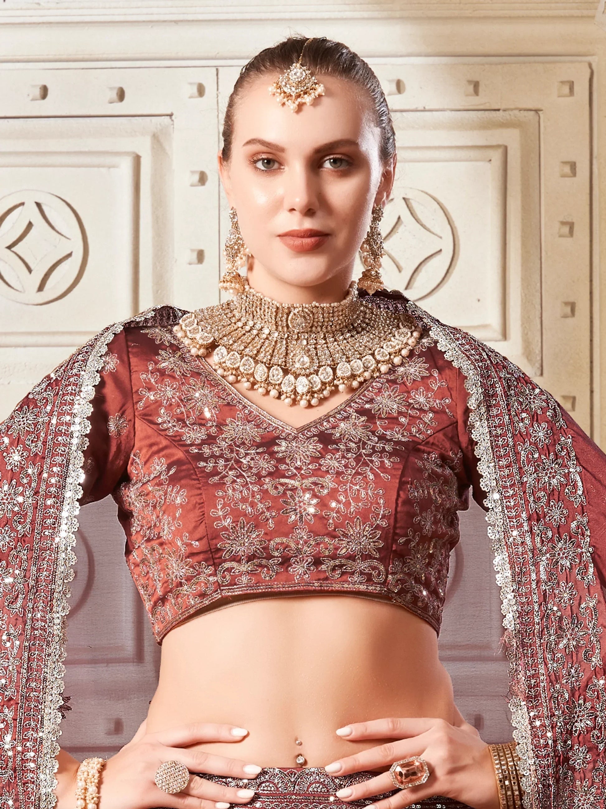 Beautiful Brown Sequins Rangoli Silk Lehenga Choli With Dupatta - Zeel Clothing