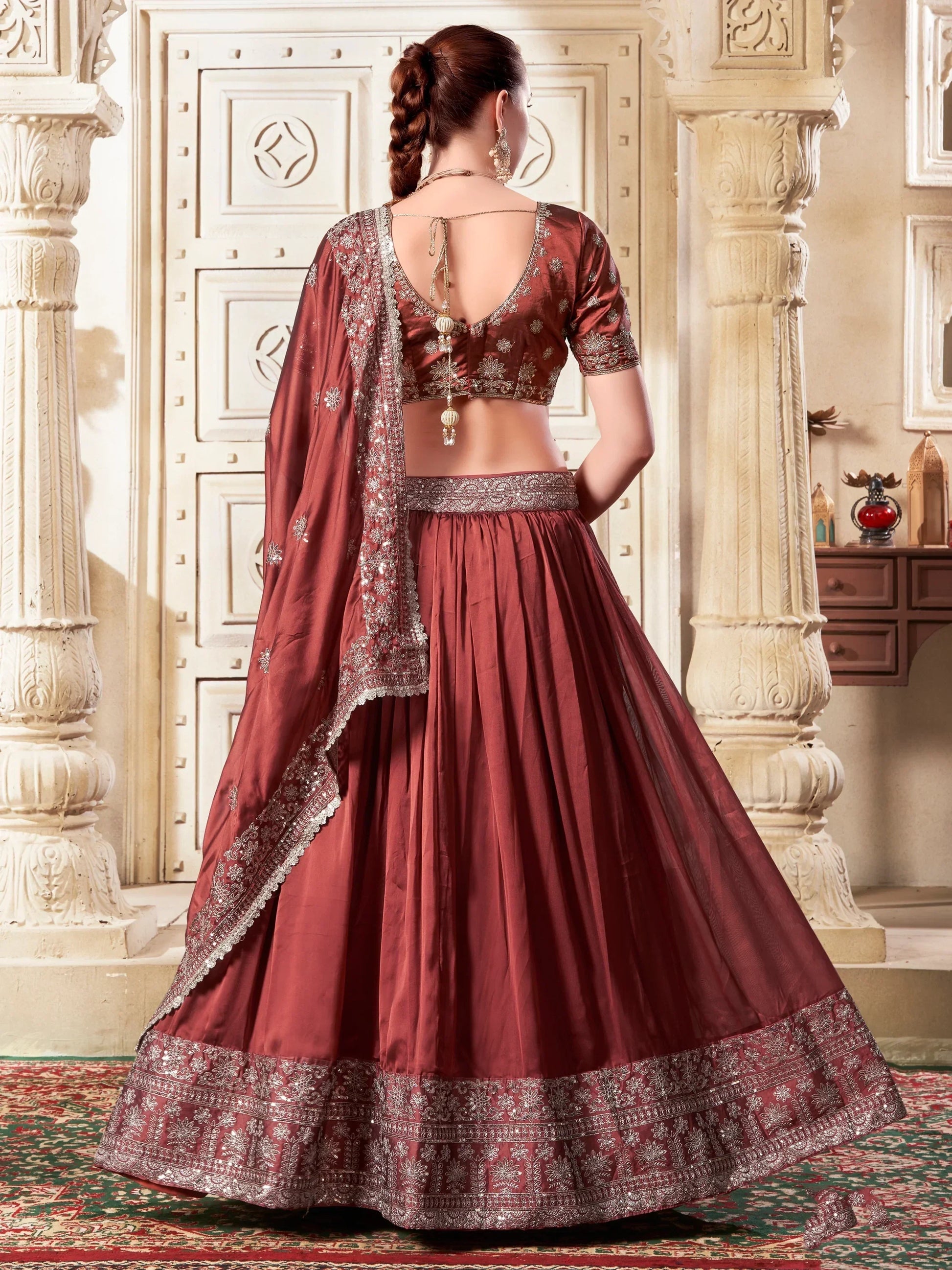 Beautiful Brown Sequins Rangoli Silk Lehenga Choli With Dupatta - Zeel Clothing