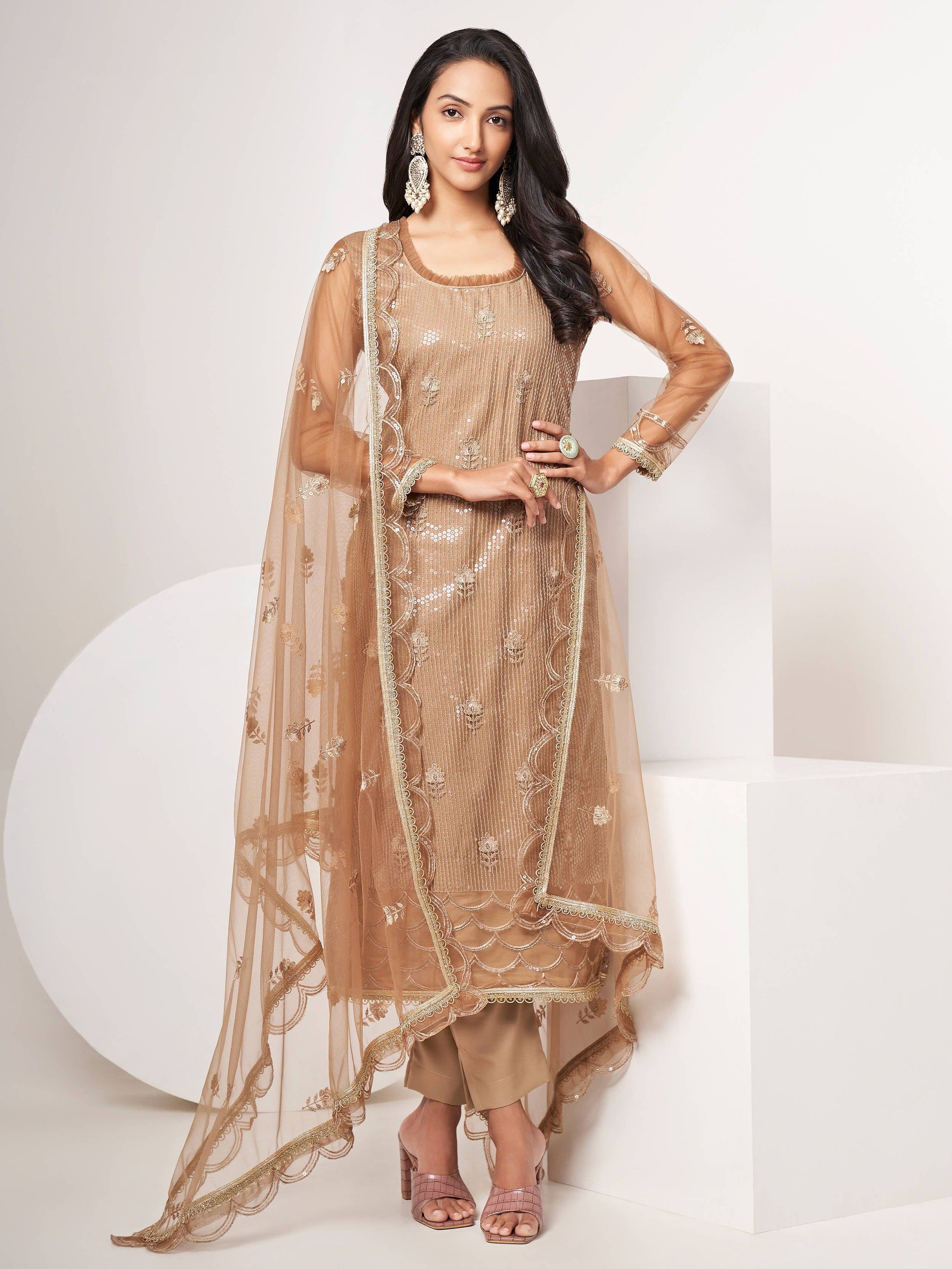 Beautiful Brown Sequins Work Net Designer Salwar Suit With Dupatta - Zeel Clothing