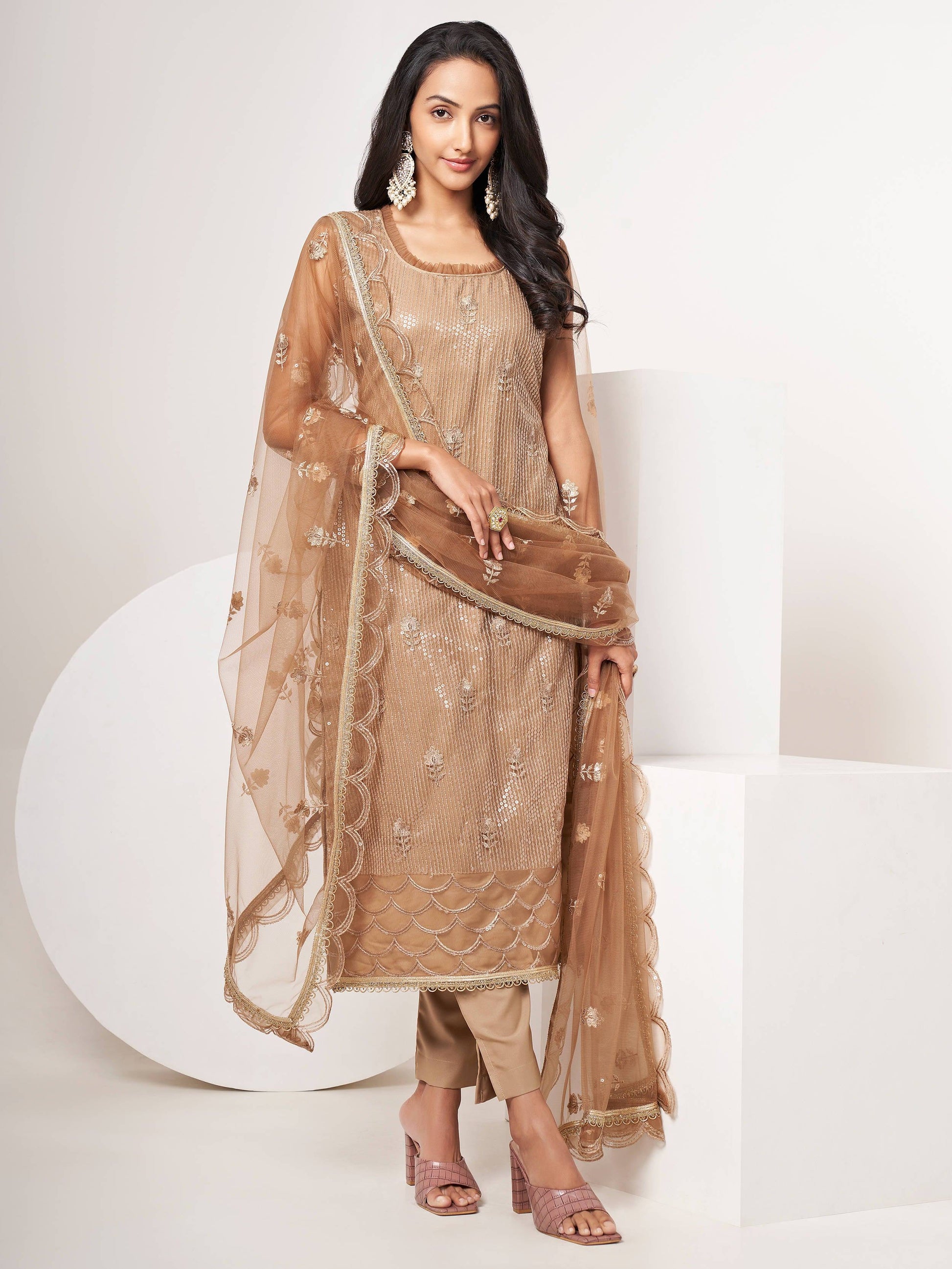 Beautiful Brown Sequins Work Net Designer Salwar Suit With Dupatta - Zeel Clothing