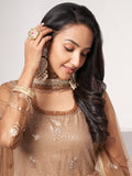 Beautiful Brown Sequins Work Net Designer Salwar Suit With Dupatta - Zeel Clothing