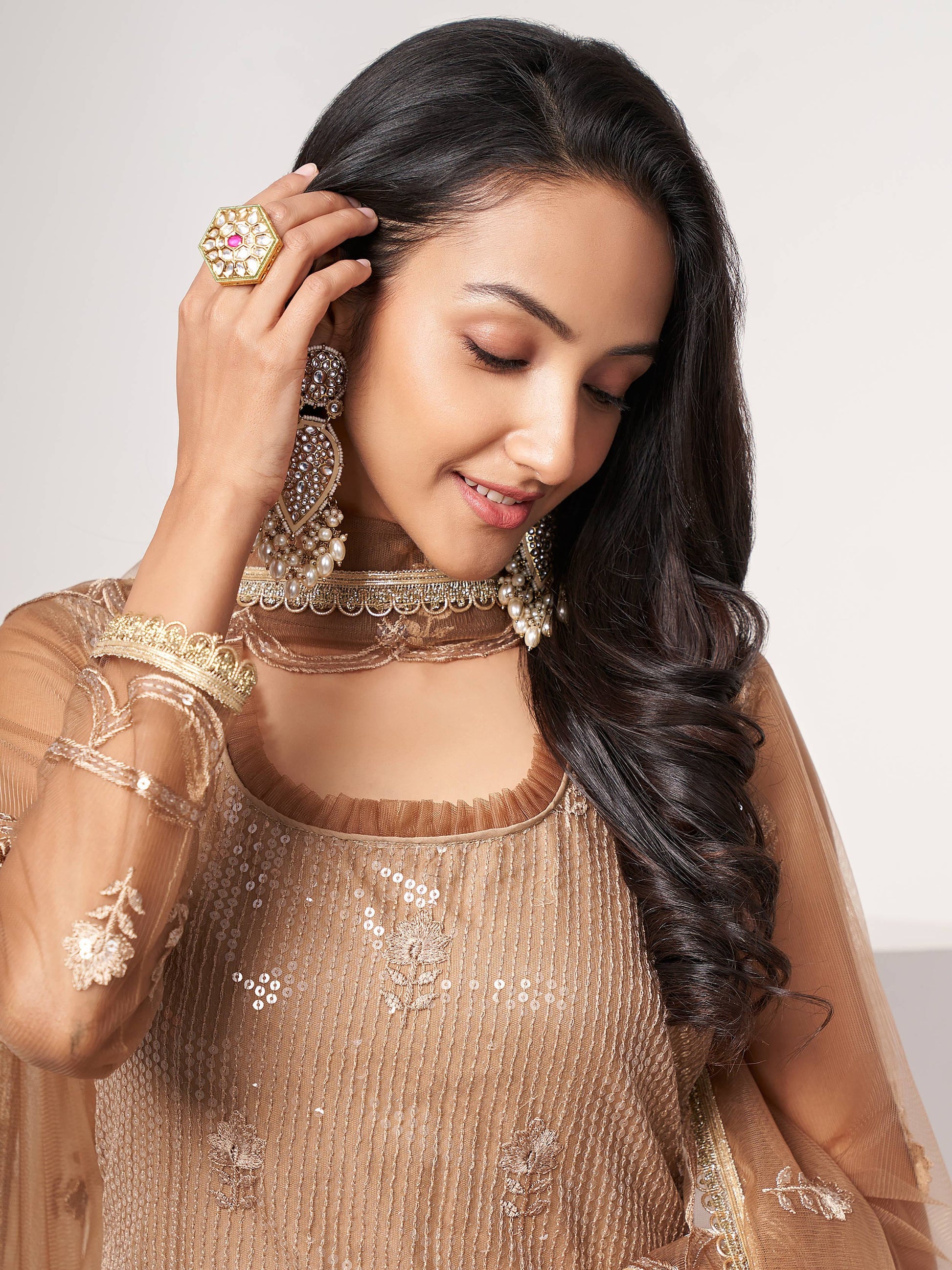 Beautiful Brown Sequins Work Net Designer Salwar Suit With Dupatta - Zeel Clothing