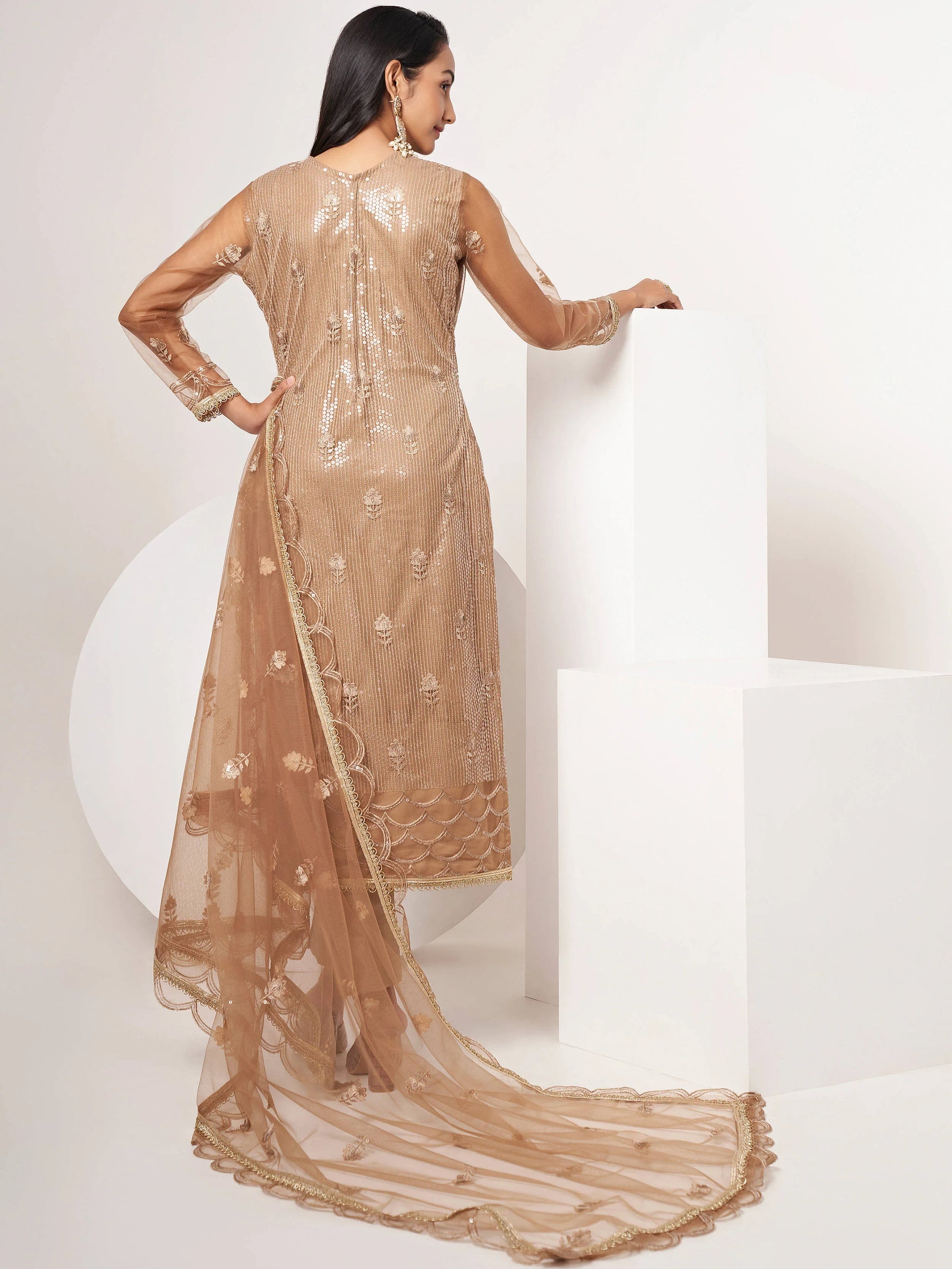 Beautiful Brown Sequins Work Net Designer Salwar Suit With Dupatta - Zeel Clothing