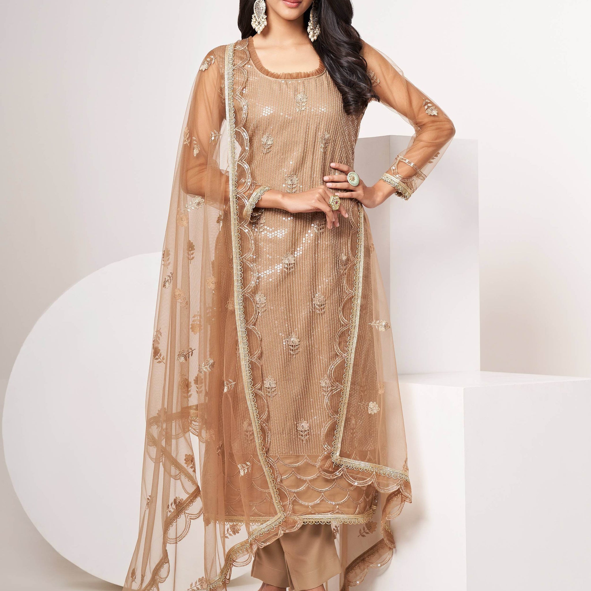 Beautiful Brown Sequins Work Net Designer Salwar Suit With Dupatta - Zeel Clothing