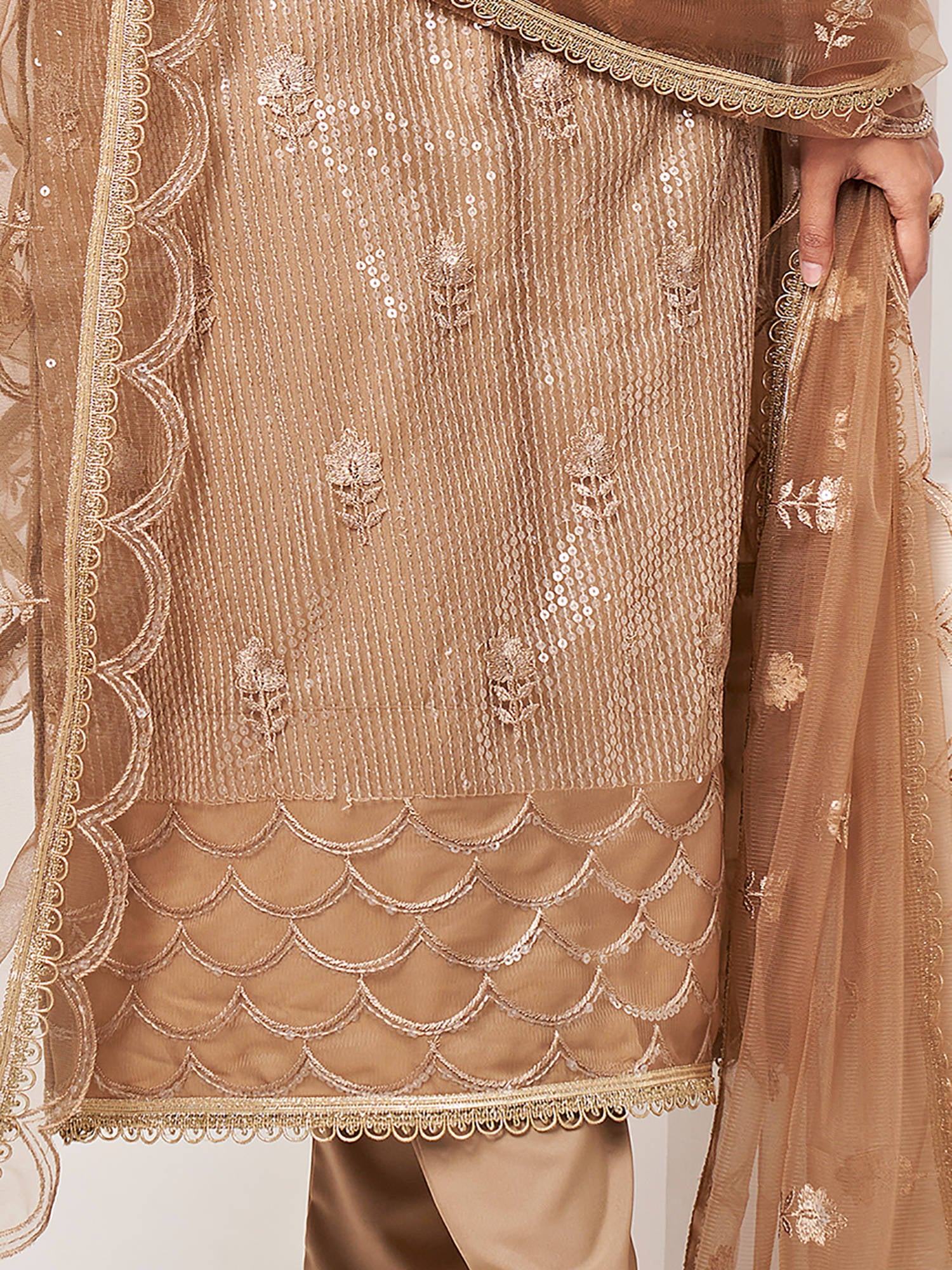 Beautiful Brown Sequins Work Net Designer Salwar Suit With Dupatta - Zeel Clothing