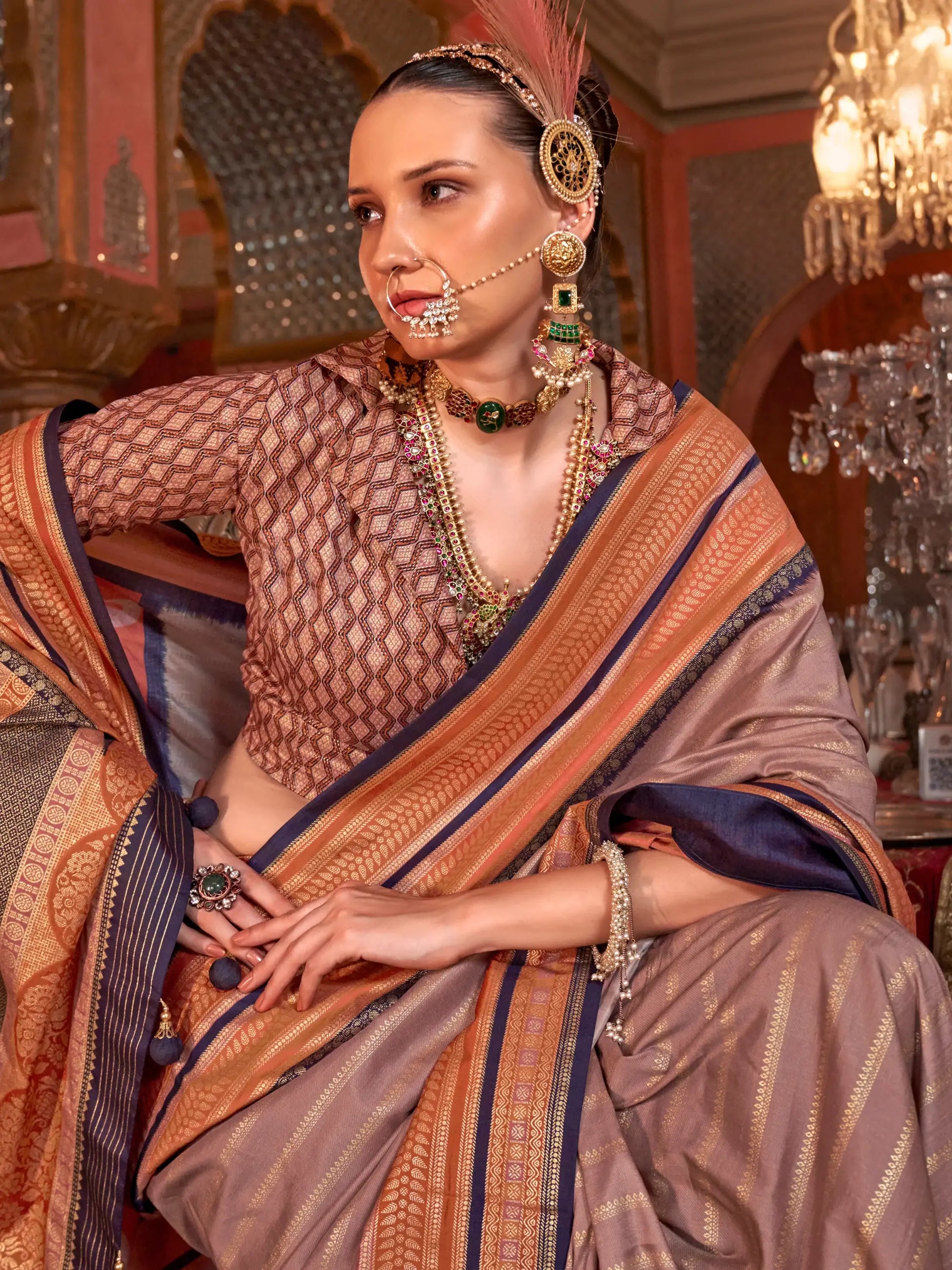 Beautiful Brown Zari Weaving Silk Event Wear Saree With Blouse - Zeel Clothing