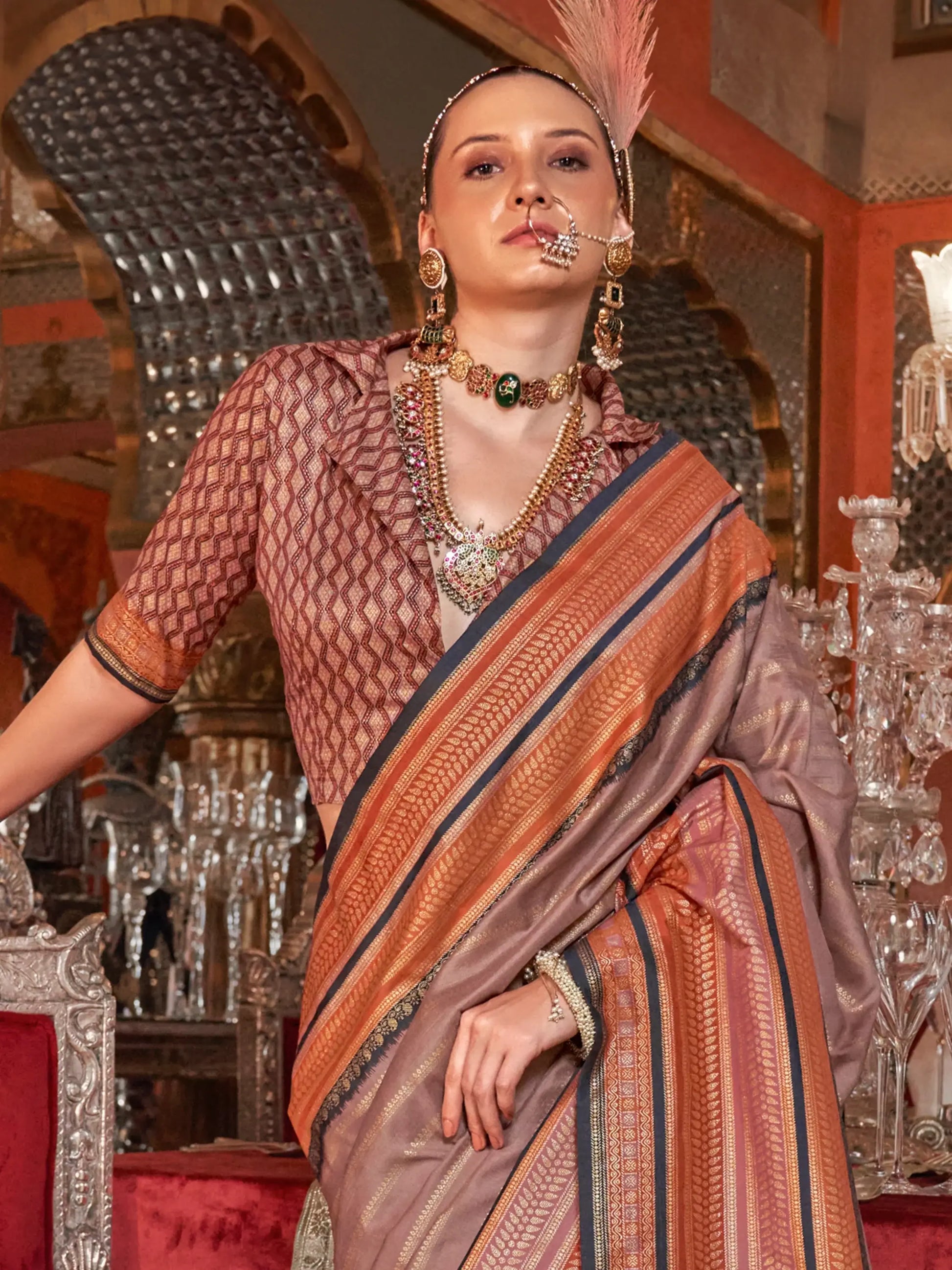 Beautiful Brown Zari Weaving Silk Event Wear Saree With Blouse - Zeel Clothing