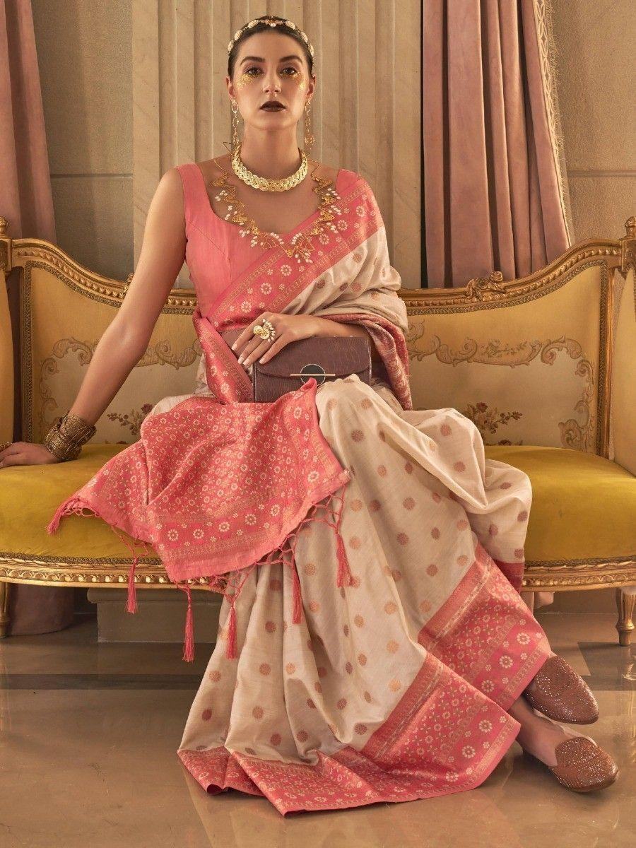 Beautiful Coral Pink Zari Woven Silk Festival Wear Saree With Blouse