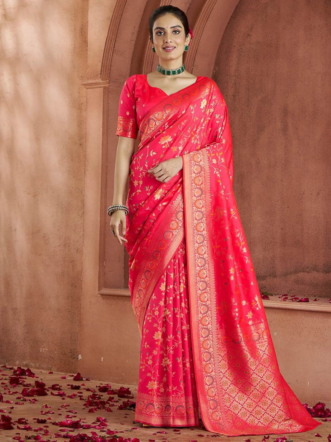 Beautiful Coral Red Zari Weaving Banarasi Silk Traditional Saree - Zeel Clothing